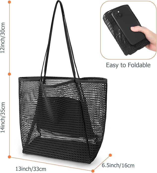 Iioscre Beach Bag for Women, Causal Hobo Pool Bags with Zipper Inner Pocket, Foldable Swim Tote Bag for Vacation Essentials