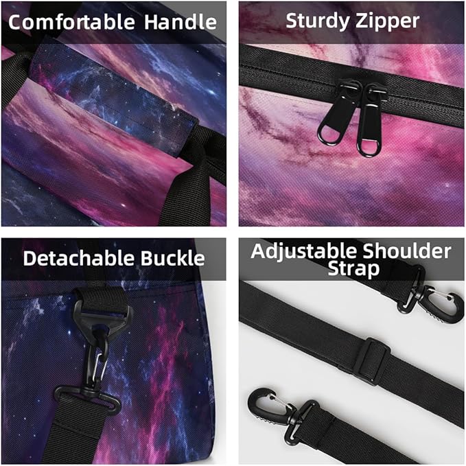 Travel Duffle Bag, Pink Purple Nebula Waterproof Weekender Overnight Bags for Women Men Lightweight Carry on Duffle Gym Bag for Travel, Sports, Fitness, Workout