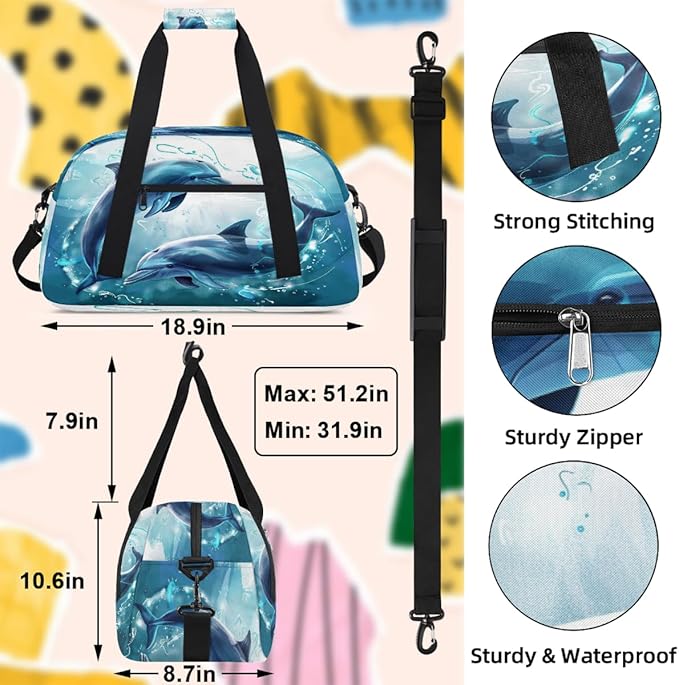 Dolphin Watercolor Print Sports Duffel Bags, Water-Resistant Gym Duffle Bag for Men Women, Lightweight Weekender Overnight Bag for Fitness, Workout, Travel
