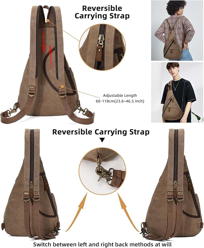 KL928 Canvas Sling Bag - Small Crossbody Backpack Shoulder Casual Daypack Rucksack for Men Women(Large Version,Brown)