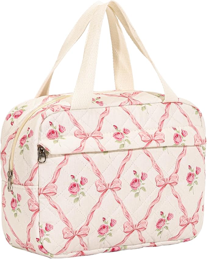 uekeboag Large Size Quilted Coquette Makeup Bag, Cute Preppy Floral Cotton Travel Cosmetic Organizer Bag with Top Handle, Multi-Layer Travel Toiletry Pouch for Girls (03Pink Bow)