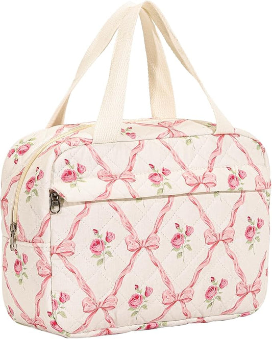 uekeboag Large Size Quilted Coquette Makeup Bag, Cute Preppy Floral Cotton Travel Cosmetic Organizer Bag with Top Handle, Multi-Layer Travel Toiletry Pouch for Girls (03Pink Bow)