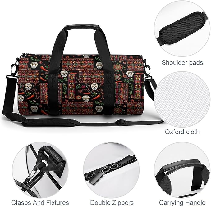 Weekender Carry on Beach Yoga Bag Sport Gym Fitness Tote Overnight Weekender Travel Bags for Men Women (Mexican Style Sugar Skull Traditional Paisley)