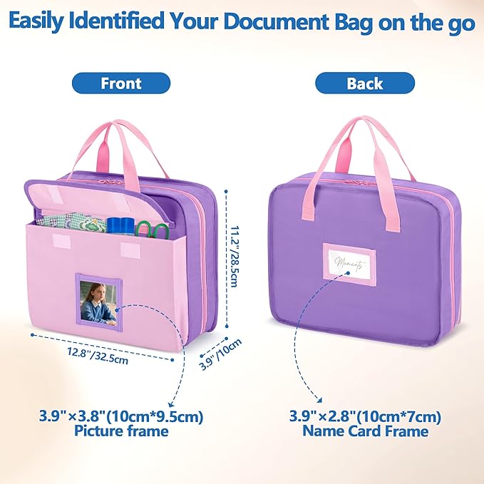 Zipper Document Bag for Boys and Girls, 9 Expandable Folders, Baby Portfolio Organizer Case with Customized Photo and Name Areas, Pink