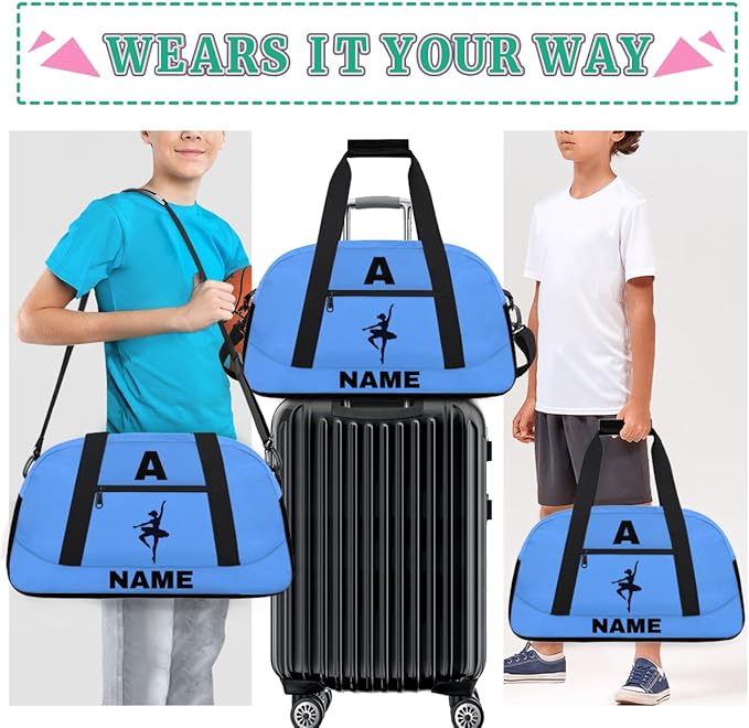 Personalize-Kids-Sports-Duffel-Bags With Custom Name Text Carry-On Overnight Travel Gym Lightweight Dance Pattern Sports Bags For Girls Boys Kids,Blue 1
