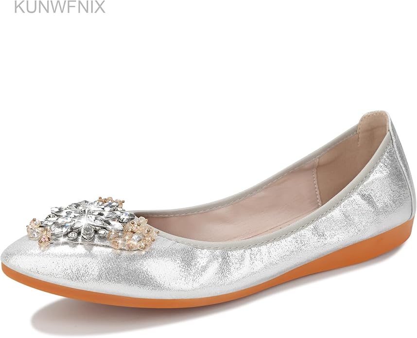 KUNWFNIX Women Ballet Flats Rhinestone Wedding Ballerina Shoes Foldable Sparkly Comfort Slip on Flat Shoes