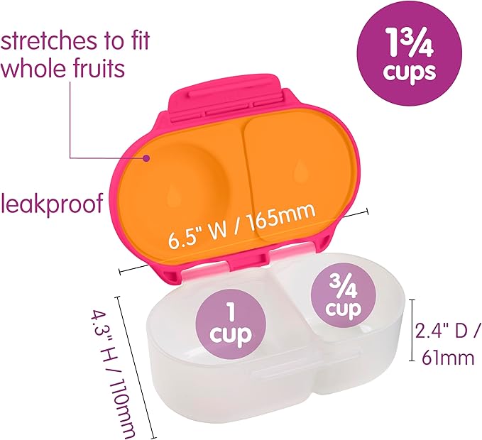 b.box Snack Box 2 Pack - Leak Proof Mini Bento Box for Kids & Toddlers, 2 Compartment Snack Containers for Kids, Dishwasher Safe, BPA Free, PFAS Free, Ages 4m+, 1 3/4 Cup Each (Strawberry + Indigo)