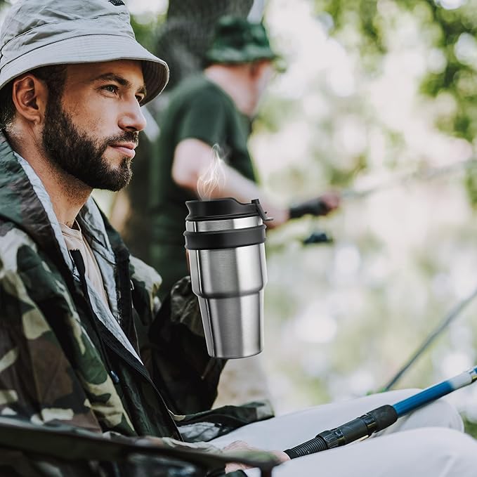 ALOUFEA 20 oz Insulated Coffee Mug Tumbler with Handle, Stainless Steel Travel Mug Tumbler with Lid and Straw, Double Wall Vacuum Leak Proof Ice Coffee Thermal Cup, Gray