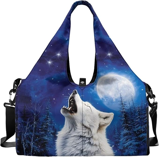 Large Capacity Wolf Gym Bag for Men with Shoe Compartment and Yoga Mats Holder Portable Blue Wolf Moon Duffel Bag with Zipper Pockets Workout Fitness Sports Tote Bag with Shoulder Strap