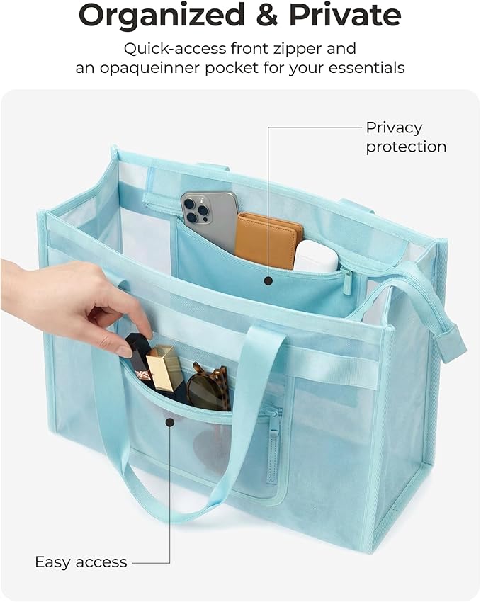 BAGSMART Mesh Beach Bag with Zipper Pocket, Large Beach Tote Bags for Women | for 40 oz Bottle, Removable Ribbon Bow, Sandproof & Washable, Cruise Essentials, for Swim, Pool, Gym, Vacation, Travel Bag