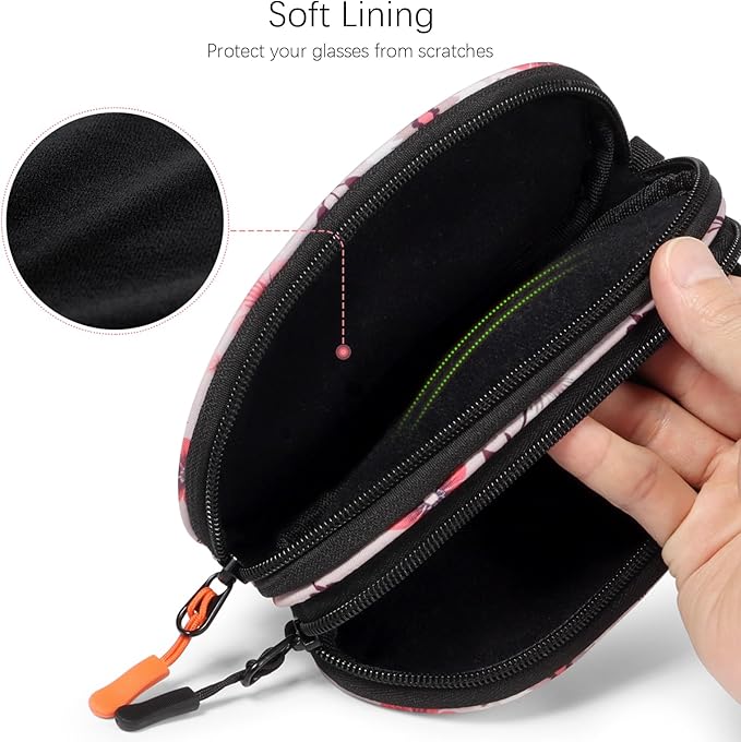 Double Eyeglasses Case Soft Portable Zipper Sunglasses Pouch with Keychain Clip for Men Women