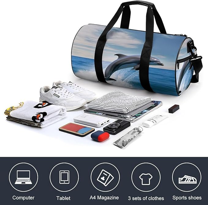 Sports Gym Bag for Women Men Travel Duffel Bag Tote Weekender Bag Jumping Up Dolphins Carry on Overnight Bag for Travel Swimming Fitness Workout Sports Duffle Bag