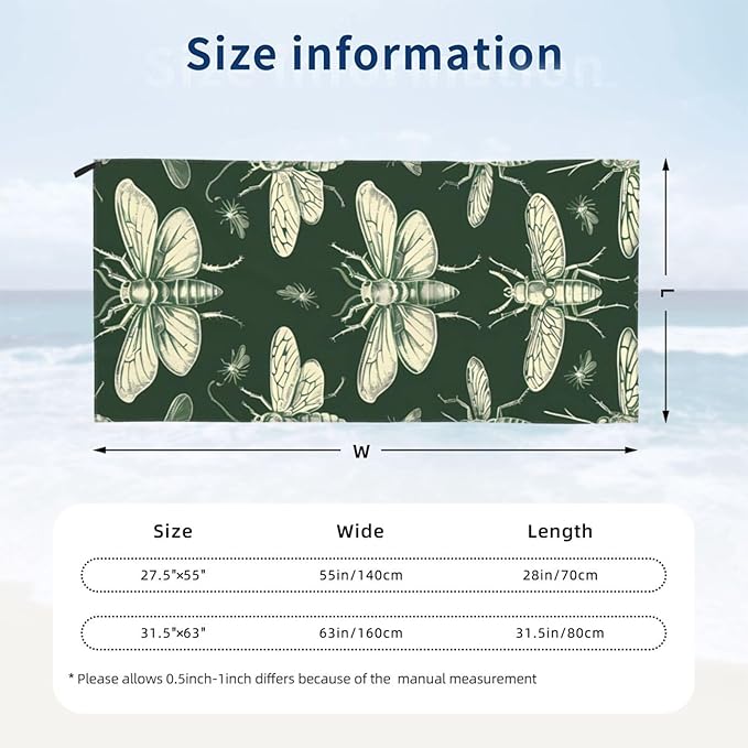 Hand Drawn Insects Sand Free Beach Towel – 27.5"X55" Quick Dry Microfiber Beach Towels for Travel, Swimming, Pool, and Camping, Absorbent and Compact Beach Essential for Women, and Men