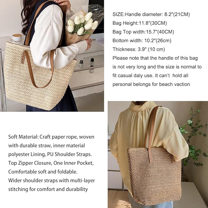 Large Straw Beach Bag for Womens, Straw Handbag Woven Tote Bag With Zipper Summer Shoulder Bag