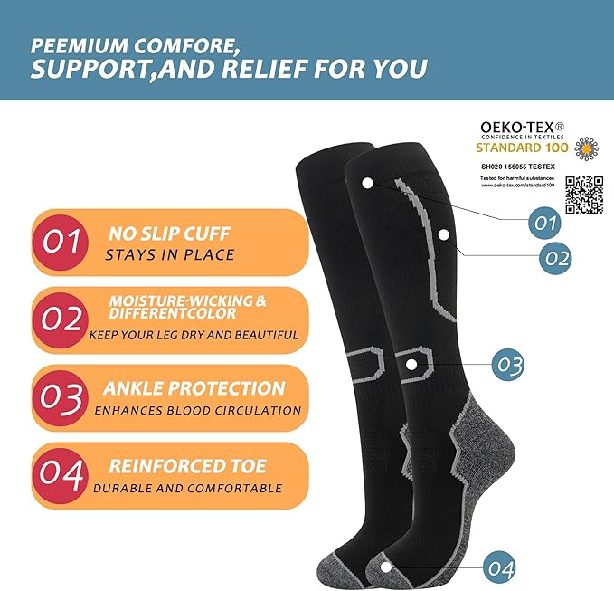 fenglaoda 3 Pairs Compression Socks for Women & Men Knee High Nurse Pregnant Cute Medical Running Travel Athletic