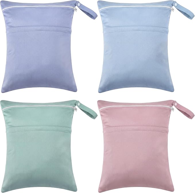Shappy 4 Pcs Wet Dry Bag for Baby Cloth Diapers Waterproof Wet Bag Washable Travel Reusable with 2 Pocket for Swimsuits for Yoga Gym Travel Beach Pool (Green, Light Purple, Light Blue, Dusty Pink)