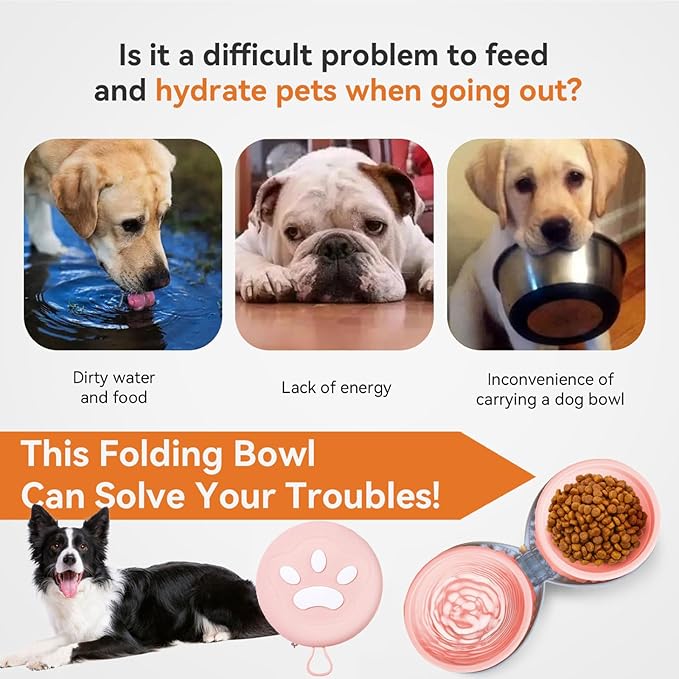 Collapsible 2-in-1 Dog Bowls: Leakproof Double Silicone Food & Water Bowl for Travel, Camping, Hiking - Portable Cat & Dog Feeding Supplies (Pink)