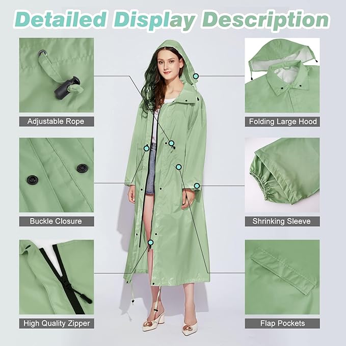 LAMA Womens Long Raincoats Rain Jacket Waterproof Packable Hooded Windbreaker Lightweight Adjustable Waist for Outdoor
