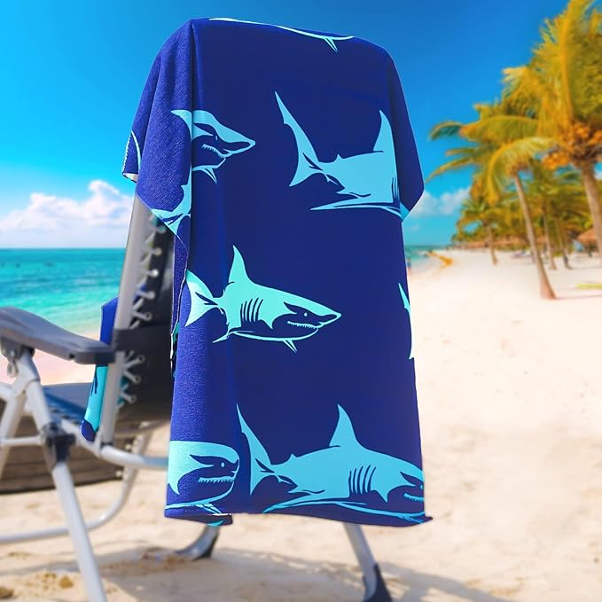 Genovega Oversized Terry Beach Towel 36 x 72 in Soft Extra Large Big Pool Swim Towels for Adult XL Clearance Travel Blanket Cruise Vacation Accessories Essentials Lounge Chair Cover Small Shark
