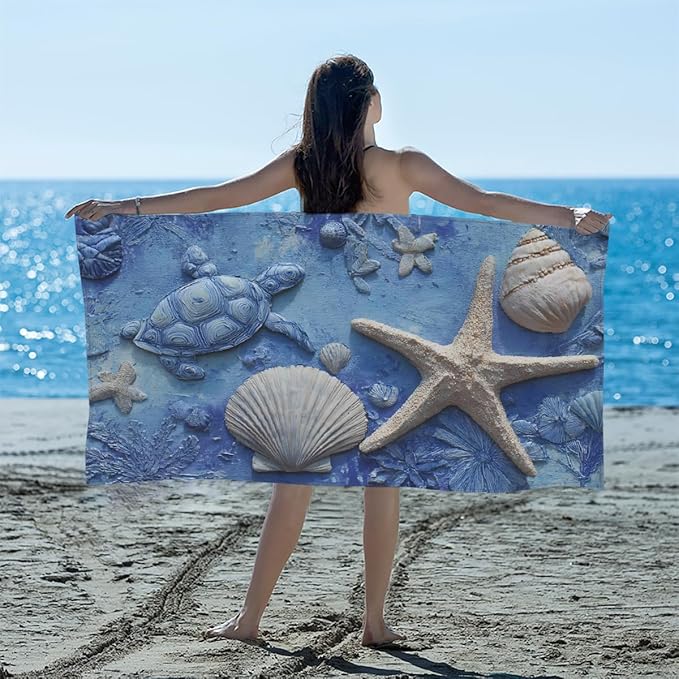Turtle Starfish Seashell Blue Beach Towel, Large Microfiber Quick Dry Lightweight Pool Bath Towels Sand Free Beach Blanket for Summer Cruise Yoga Camping Travel Vacation Essentials 31 x 61 in