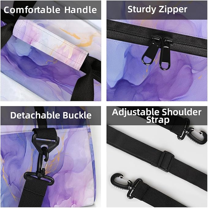 Purple Blue Gold Marbles Sports Duffel Bags, Water-Resistant Gym Duffle Bag for Men Women, Lightweight Weekender Overnight Bag for Fitness, Workout, Travel