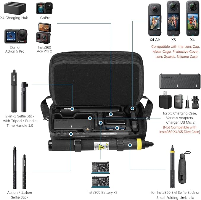 AMAZEAR Carrying Case for Insta360 X5 Accessories, Insta 360 X5 X4 Air Action Camera Waterproof Travel Carry Bag with Shoulder Strap, Compatible with 3M 9.8ft 2-in-1 Selfie Stick Tripod, Pure Black
