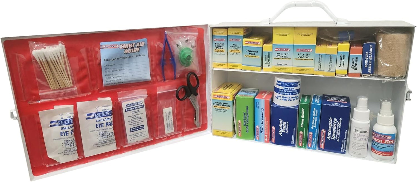Rapid Care First Aid 80097 2 Shelf All Purpose First Aid Kit Cabinet, Class A+, Exceeded OSHA and ANSI Z308.1 2015, Wall Mountable
