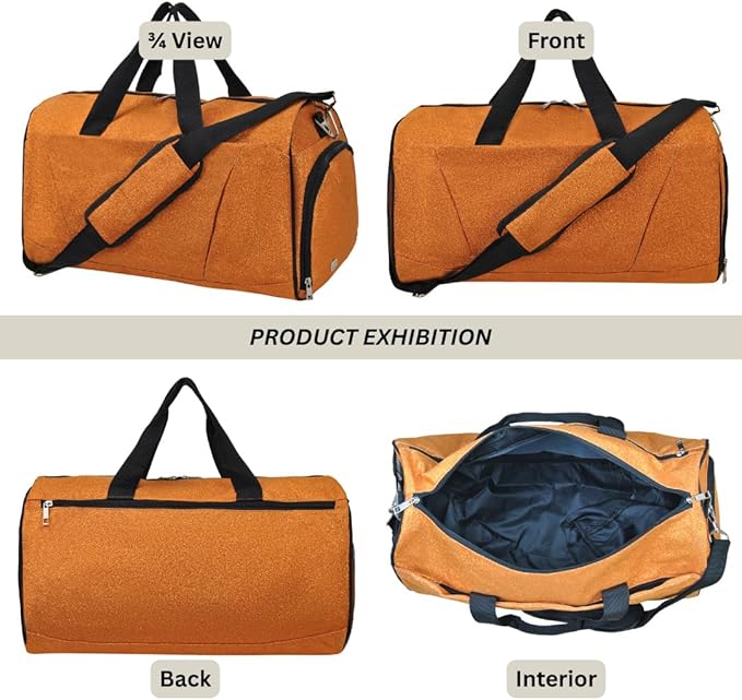 NGIL Glitter Cheers Sports Gym Duffel with Shoe Compartment and Small Carry on Travel Tote Bags for Women, Gym bag, Overnight bags for Women, Cheer Bag (Glitter-Orange)