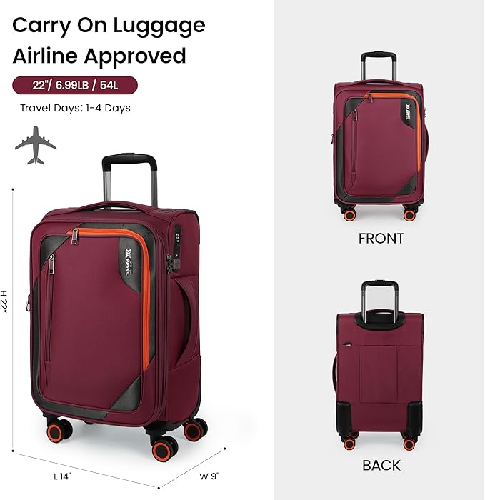 22 inch Carry on Luggage,Softside Suitcase w/TSA LOCK,Expandable 20% Luggage w/Spinner Wheels, Tear-Resistant,Lightweight Rolling Suitcases for Men/Women（Burgundy,22in）