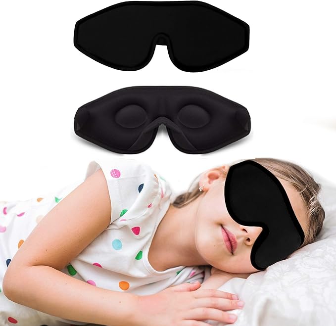 3D Sleep Mask for Kids, Light Block Sleeping Blindfold Memory Foam Contoured Eye Mask for Sleep, Adjustable Strap Eye Cover and Travel Sleep Mask for Boys Girls, Black