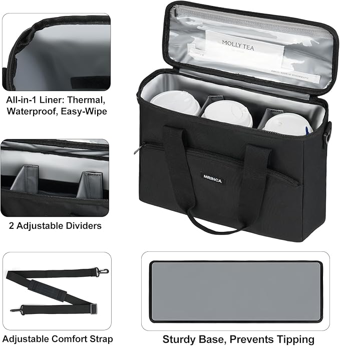 3 Cup Reusable Insulated Drink Carrier, Collapsible & Portable with Leak-Proof Design, Adjustable Dividers & Luggage Strap, Beverage Caddy Holder for Travel, Delivery, Commute