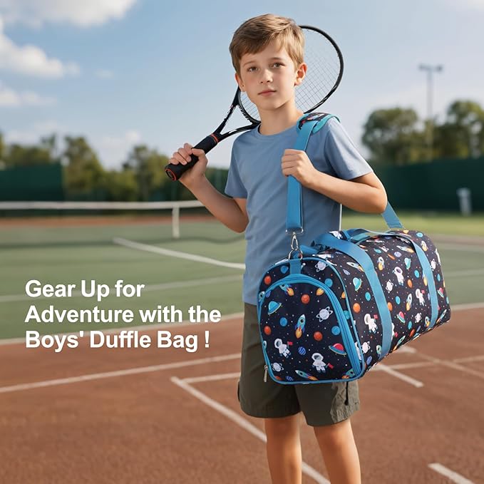 Bagseri Boys Duffle Bag for Travel - Kids Gym & Sports Bag with Shoe Compartment & Water Resistant Wet Pocket, Weekender for Camping & Sleepover (Blue Space Astronaut)