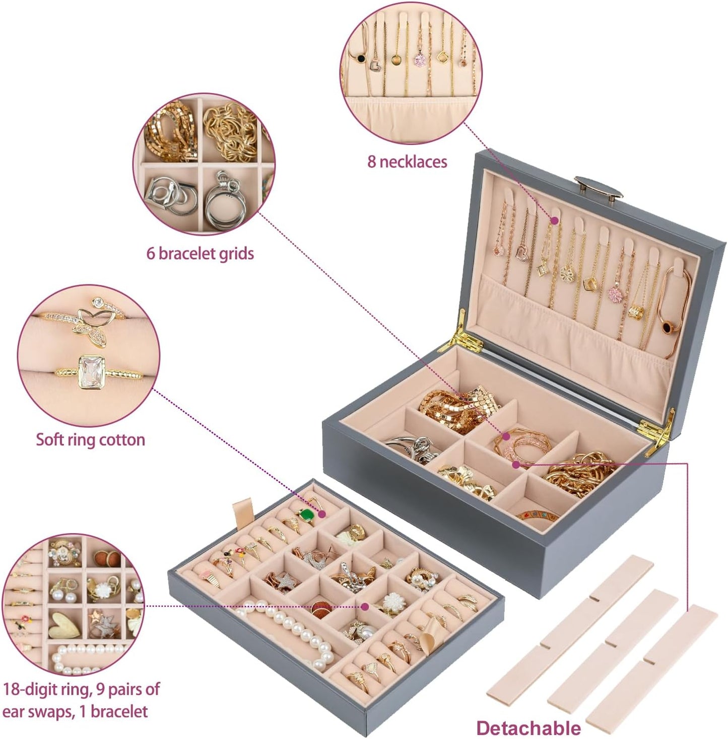 Small Jewelry Organizer for Women, 2-Layer Travel Jewelry Box with Portable Case, Necklace Ring Storage for Dresser, Girls Teens Gifts (Grey)