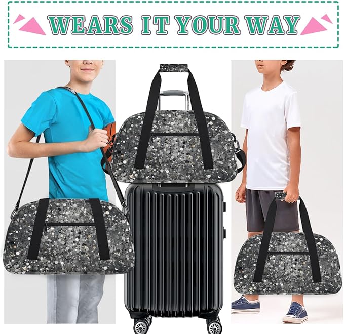 Silver Glitter Pattern Gym Travel Duffle Bag for Women & Men with Front Zipper Pocket for Sports, Overnight, Weekender, Carry On,Workout & Dance Bag,Glitter and Sequins,18.9 * 8.7 * 10.6 in