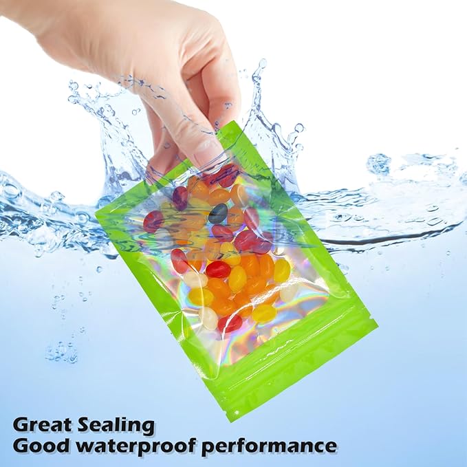 300 Pcs Holographic Mylar Bags, 3 Size Smell Proof Bags with Clear Window Foil Pouch Bags Resealable Bags for Small Business and Food Storage, Green