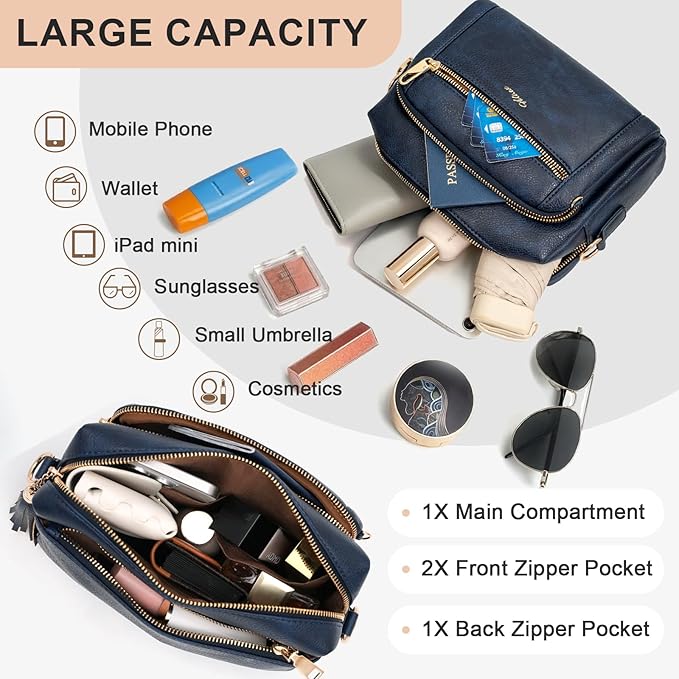 Small Leather Crossbody Bags for Women Anti theft Purses and Handbag Shoulder Hangbag with Wide Strap Tassel