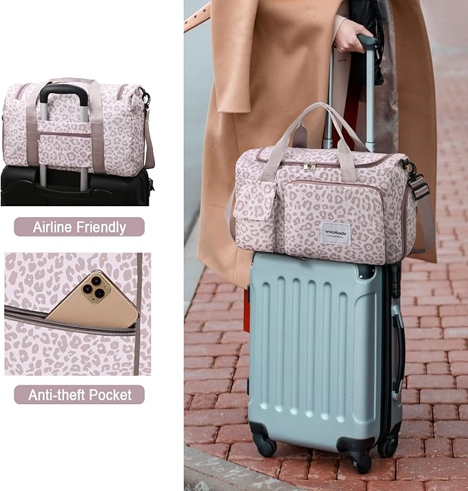 WOOMADA Foldable Travel Duffel Bag with Shoes Compartment, Overnight Bag with Wet Pocket & Trolley Sleeve, Weekender Bags for Women(A-pink leopard)