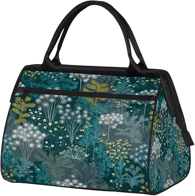 Teal Green Plant Pattern Overnight Weekender Bags for Women Men, Waterproof Travel Carry On Duffel Bag, Lightweight Sports Gym Bag for Fitness, Workout, Travel