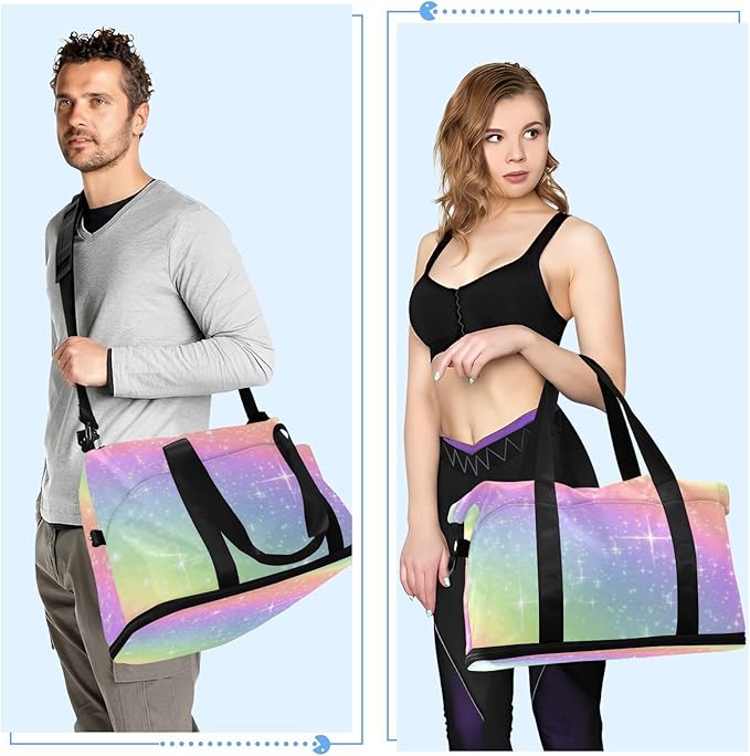 Travel Duffel Bags for Women Glitter Rainbow Gradient Sports Duffel Bags Gym Bags with Shoes Compartment Tote Bag Weekender Bag for Travelling