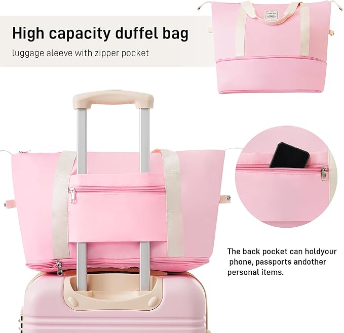 Merax Luggage Sets 2 Piece Expandable Hardside Luggage with Travel Bag Suitcase Set with Spinner Wheels(20+28+bag,Light Pink-1)