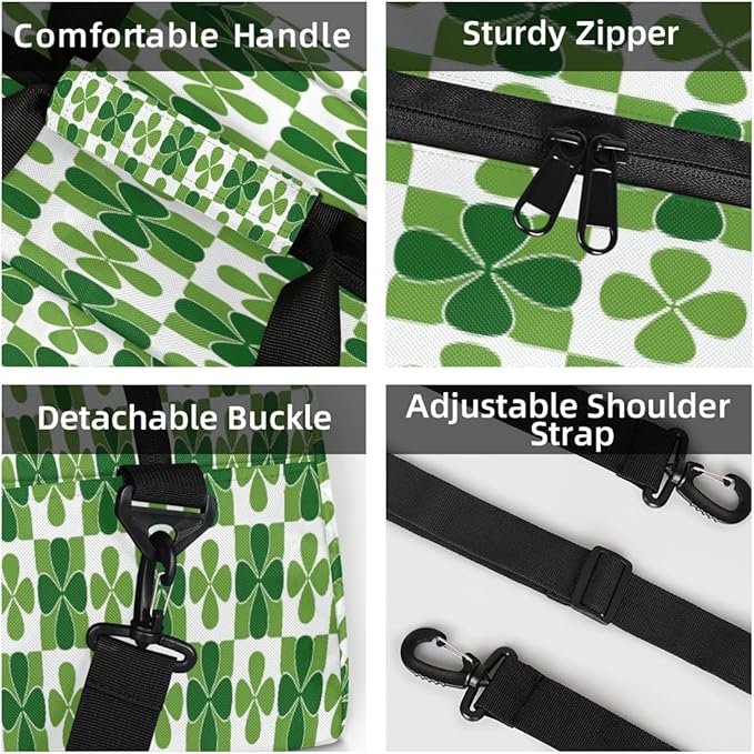 Duffle Bag for Women Men, Green Clover Plaid Pattern Gym Bag for Travel Sports, Lightweight Waterproof Weekender Overnight Bags with Adjustable Strap