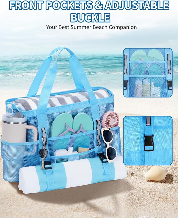 WANDF Mesh Beach Bag for Women, Large Beach Tote Bags with 40oz Tumbler Side Pockets, Family Pool Bag for Swim Toys Towels Cruise Vacation Essentials (Blue) | Breathable