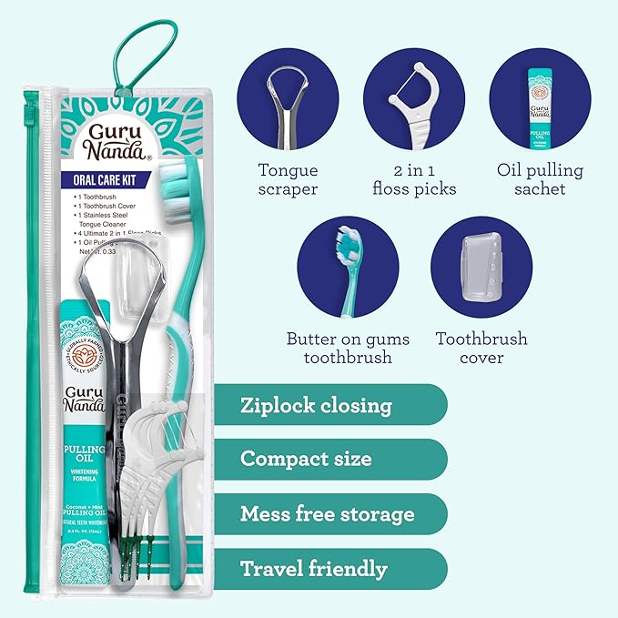 GuruNanda Travel-Friendly Oral Care Kit- 1 Butter on Gums Toothbrush, 1 Tongue Scraper, 4 Dual-Action Floss Picks, 1 Coconut & Mint Oil Pulling Sachet
