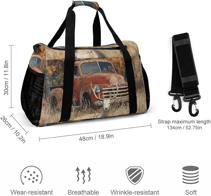 Old Truck Deers Autumn Forests Duffle Bag Gym Bag for Workout Travel Tote with Detachable Straps
