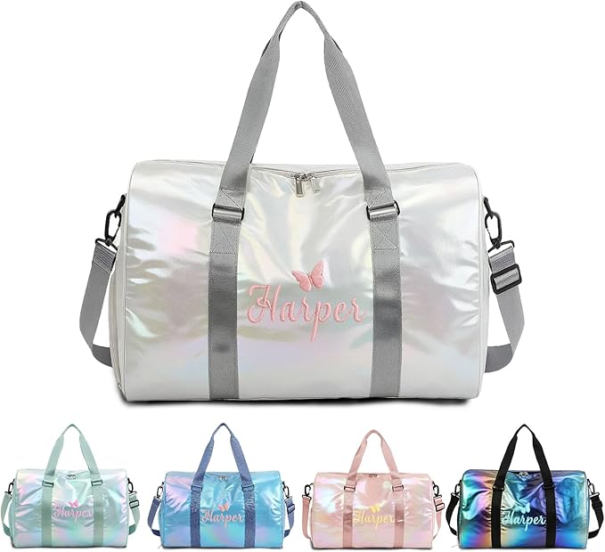 Personalized Dance Duffle Bag for Girls with Embroidered Name Custom Travel Duffle Sport Gym Bag for Women Cheerleading Weekender Overnight Luggage Bag with Shoe Compartment Customized Gifts White