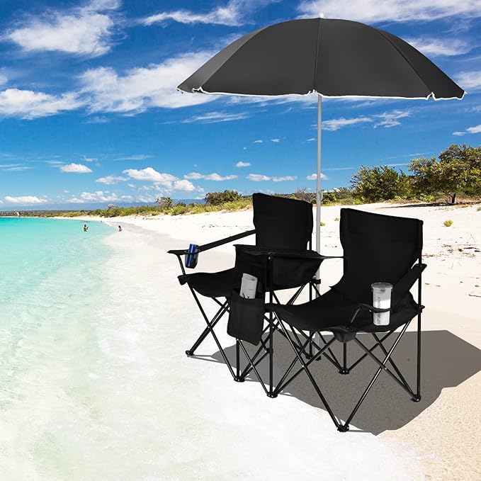 KOTEK Double Camping Chair, Folding Camp Chair with Removable Umbrella, Cup Holders, Cooler Bag, Side Pocket & Carry Bag, 2-Person Beach Chair for Outdoor, Sports, Concerts, Travel, Picnic (Black)