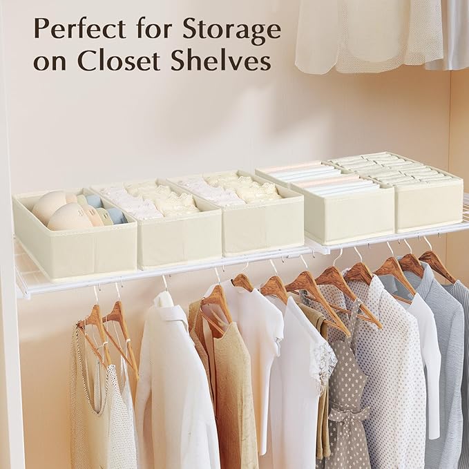 DIMJ Drawer Organizers - Set of 12 Fabric Closet Organizers and Storage, Drawer Dividers for Baby Clothes, Socks, Belt, Tie (Beige)