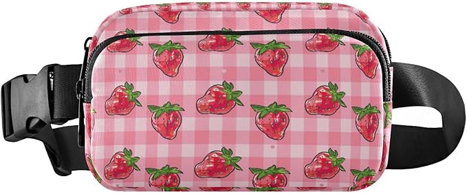 Pink Strawberry Plaid Fanny Pack for Women Men Water Resistant Fashion Waist Packs with Adjustable Strap Belt Bag for Travel Workout Jogging Hiking 21219327