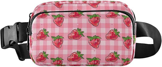 Pink Strawberry Plaid Fanny Pack for Women Men Water Resistant Fashion Waist Packs with Adjustable Strap Belt Bag for Travel Workout Jogging Hiking 21219327
