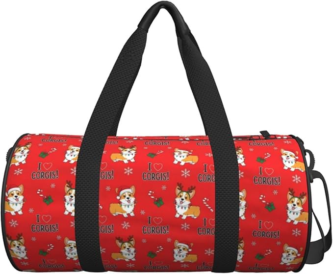 Gym Bags for Men Women, Foldable Travel Duffle Bag Christmas Corgi Dogs Red, Lightweight Weekender Water Resistant Workout Sports Bag for Travel Yoga
